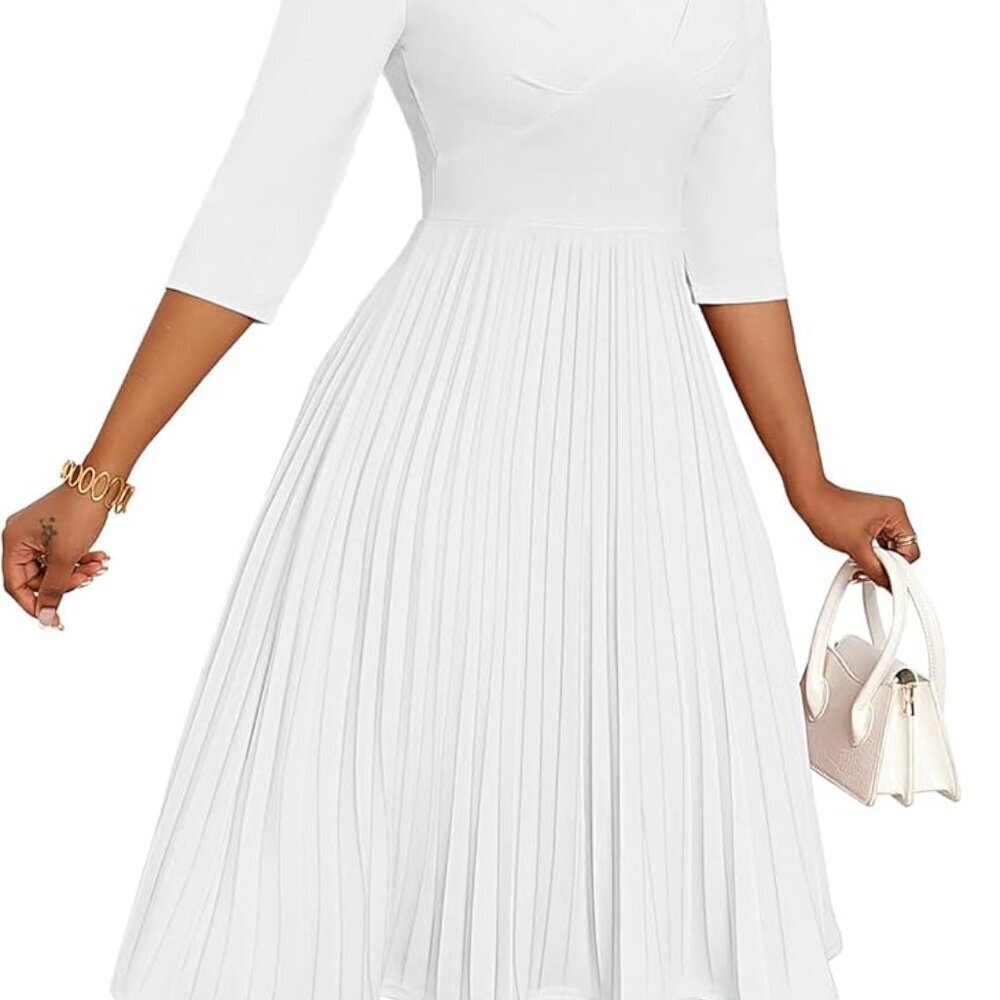 Midi Dresses for Women Casual Wrap Flared Pleated Dress A Line 3/4 Sleeve V Neck - Picture 2 of 6
